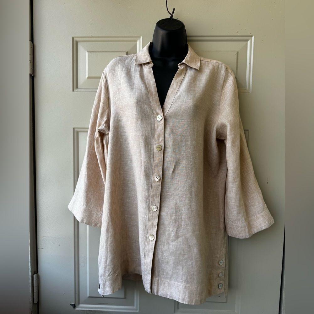 FOXCROFT 100% Linen V-neck Button Down Tunic Shirt Sz 12